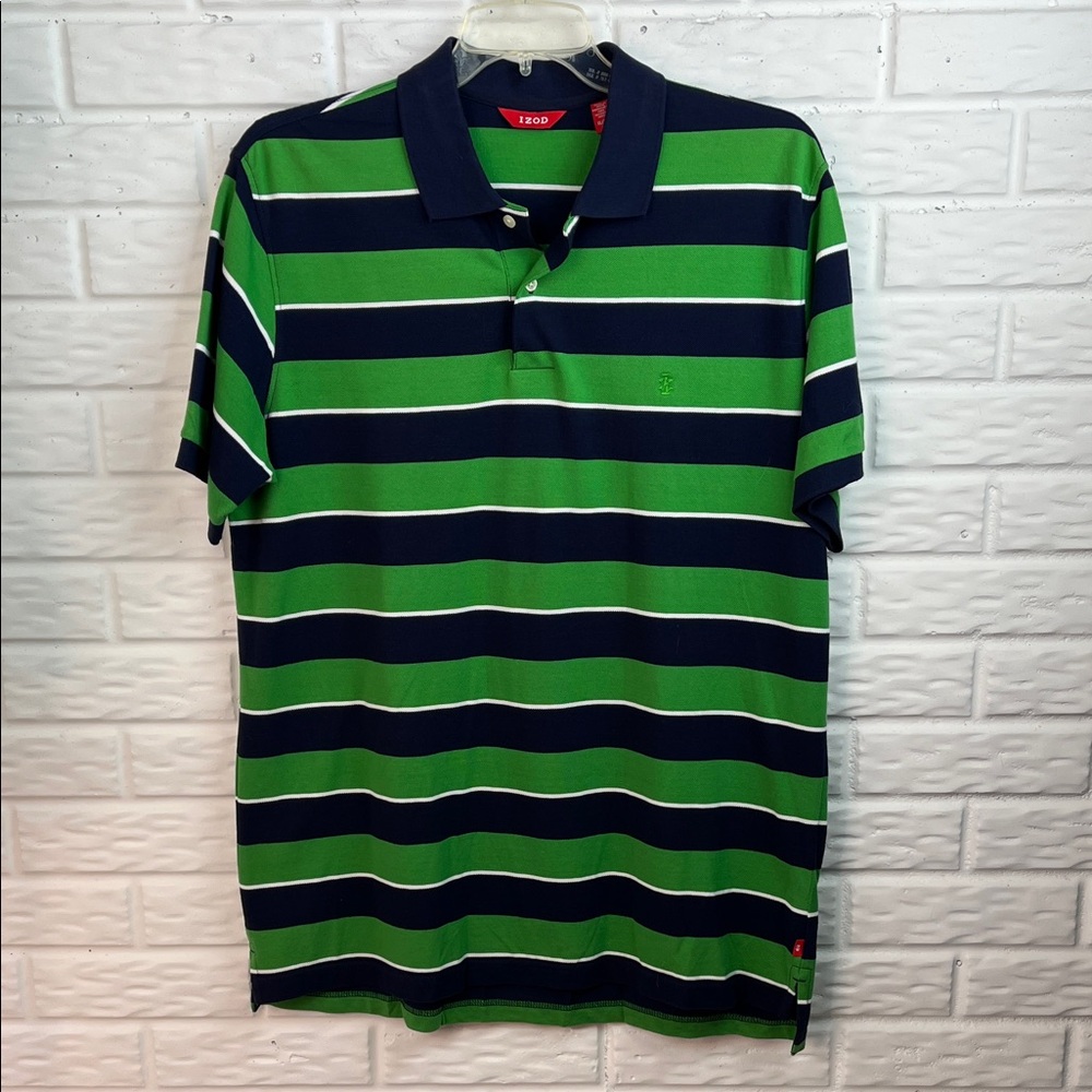 IZOD STRIPED POLO 100% COTTON MENS SHIRT GREEN NAVY BLUE WHITE SZ XL